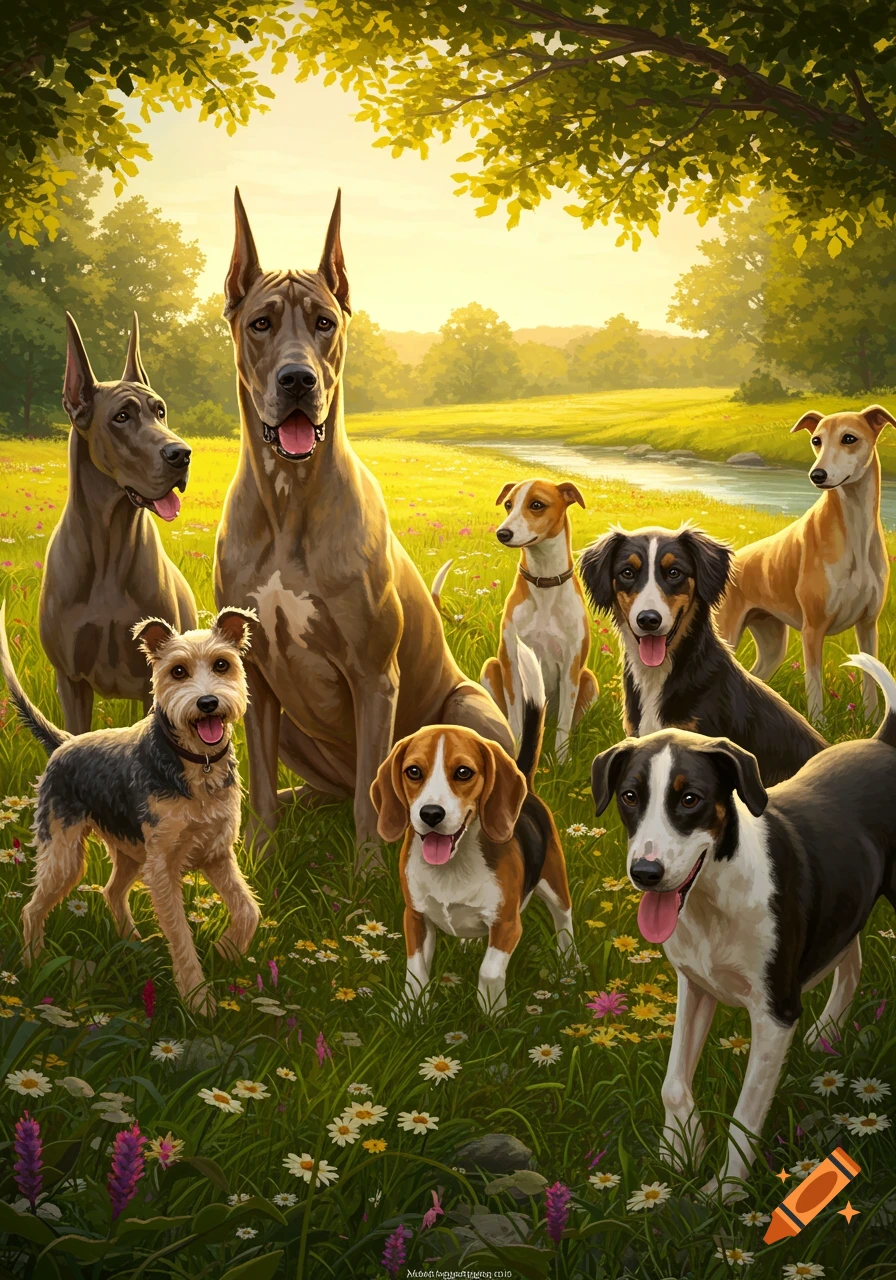 Various dog breeds, including Great Danes and a Beagle, in a sunny green meadow with wildflowers, trees, and a stream.
