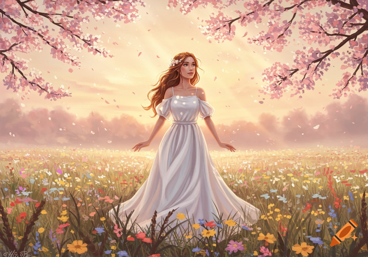 A woman in a white dress stands in a field of colorful wildflowers under cherry blossom branches at sunset, in an illustrative art style.