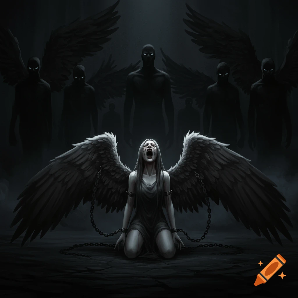 A chained, dark-winged angel woman screams while kneeling in a dark void, surrounded by giant shadowy winged figures.