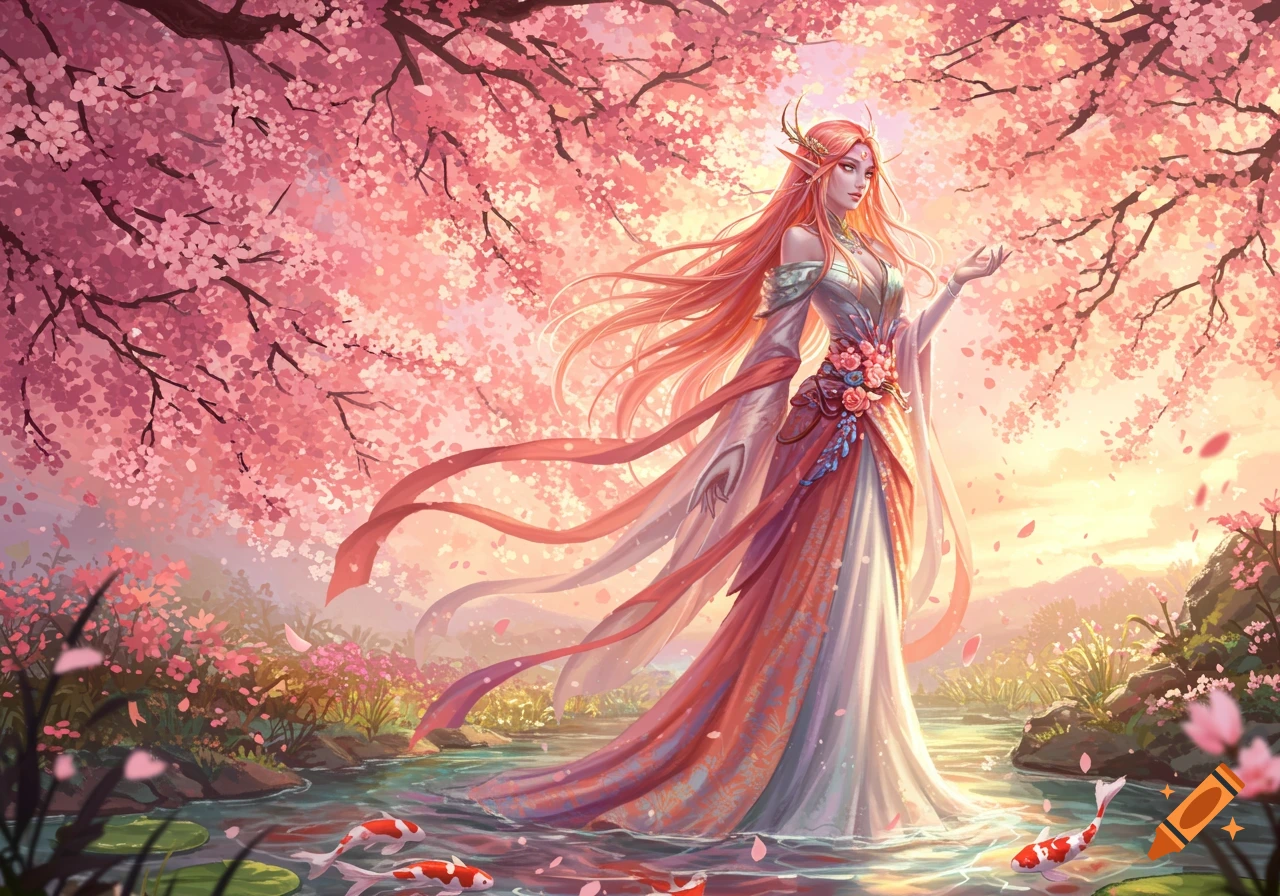A female elven figure with long, flowing pink hair and an elaborate dress stands in a shallow stream under blooming pink cherry blossom trees, with koi fish swimming nearby.