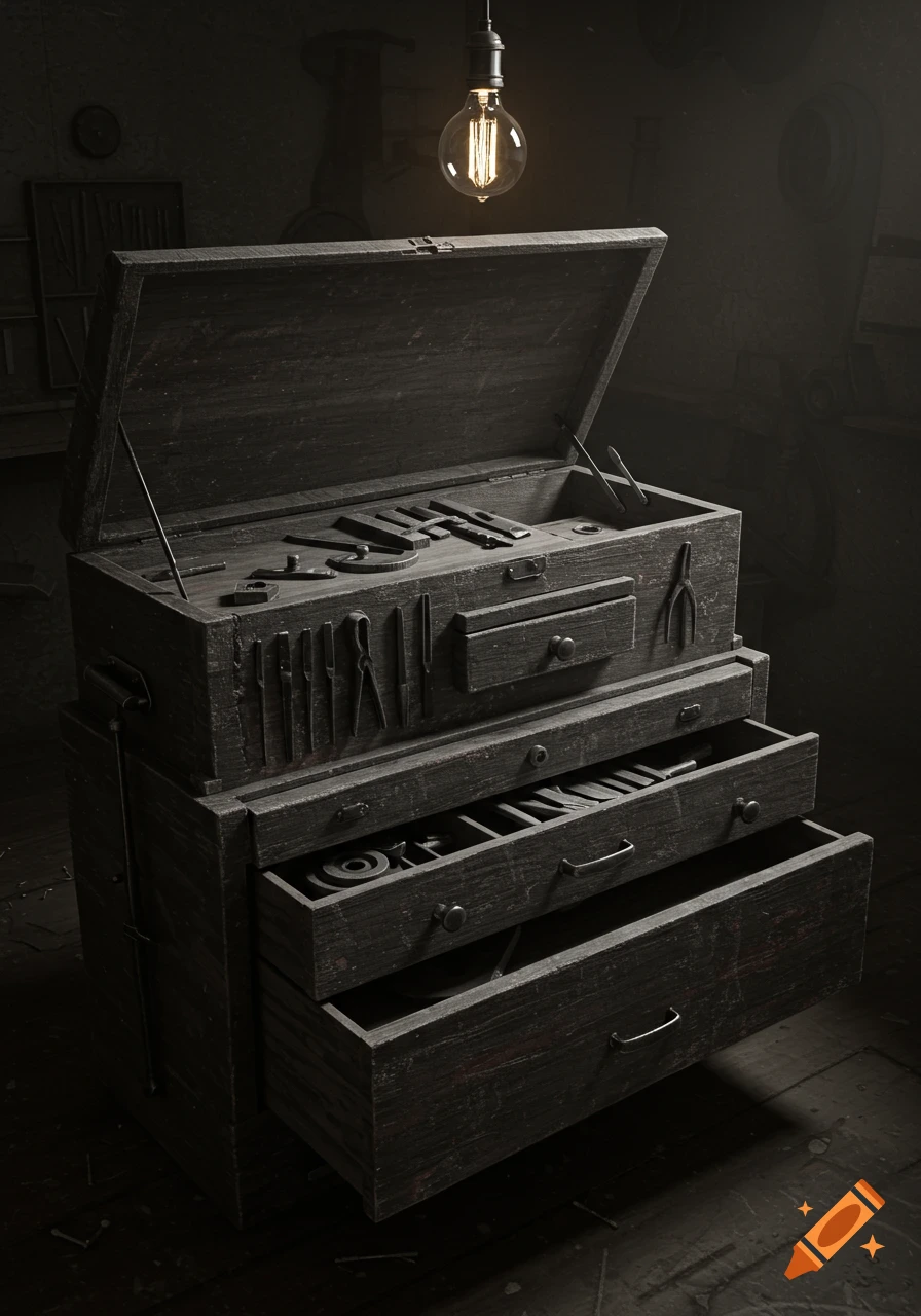 An old dark wooden tool chest with an open lid and partially open drawers, lit by a single hanging lightbulb.