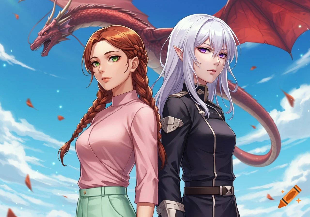 Anime illustration of two women, one with auburn hair and one with silver hair, standing back to back under a blue sky with a red dragon flying.