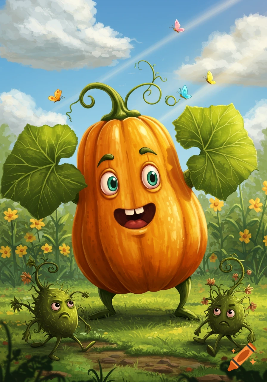A cheerful cartoon pumpkin with leaf hands stands in a sunny garden, with two sad, spiky green creatures nearby under a blue sky.