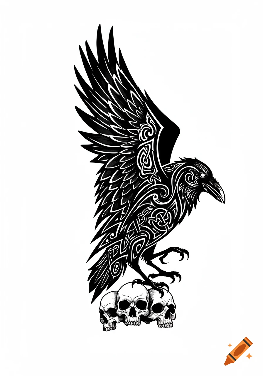Black and white stylized raven with tribal patterns perched on three skulls, designed like a tattoo.