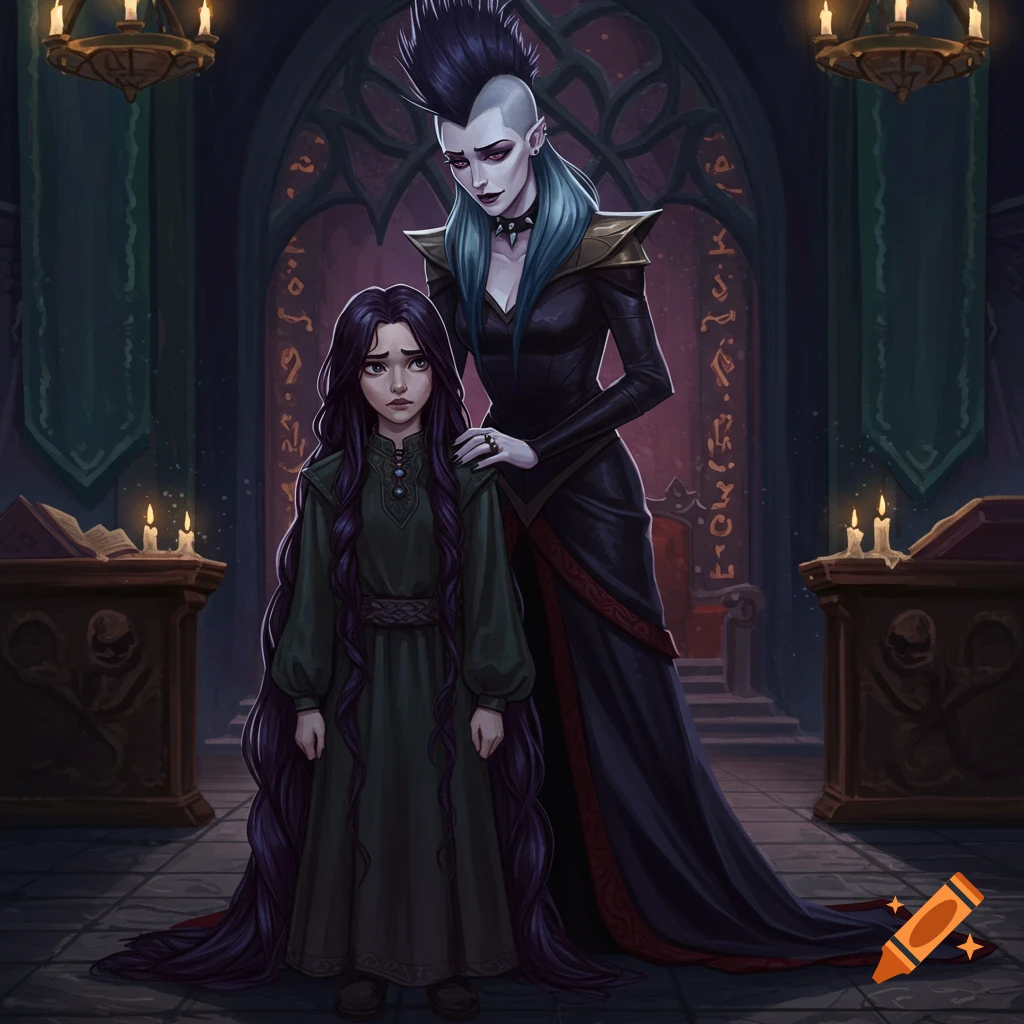 An adult woman with a punk-rock hairstyle and a child with long purple hair stand in a dark, gothic chamber.