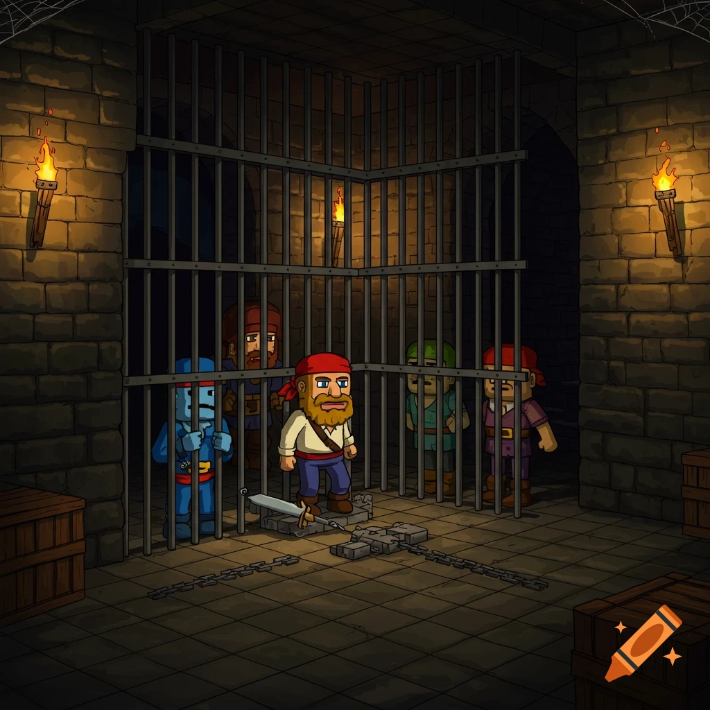 8-bit style characters, including a bearded man and a blue figure, locked in a dark stone dungeon cell with torches.
