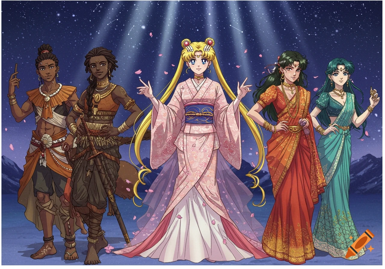 Anime illustration of Sailor Moon and four diverse characters in multicultural attire standing under a starry night sky with falling petals.