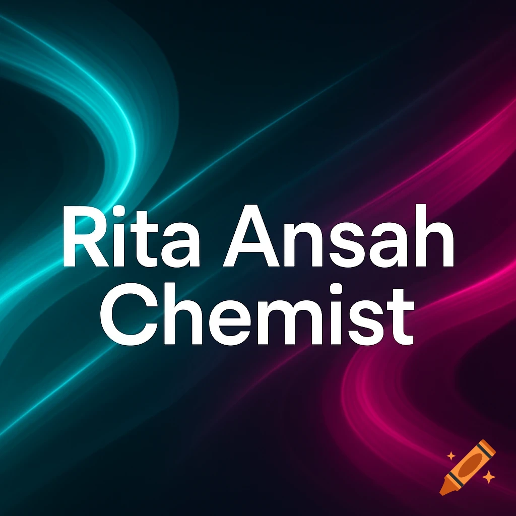 White text 'Rita Ansah Chemist' on a dark abstract background with cyan and magenta light trails.