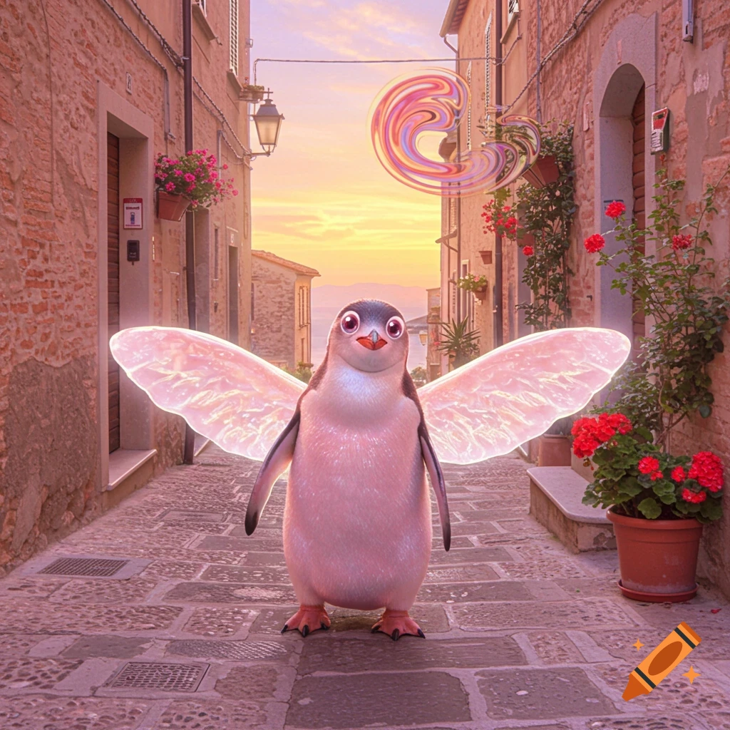 A cute pink penguin with glowing, translucent wings stands in the middle of a cobblestone street in a quaint Italian town at sunset. A colorful, abstract swirl floats in the sky.