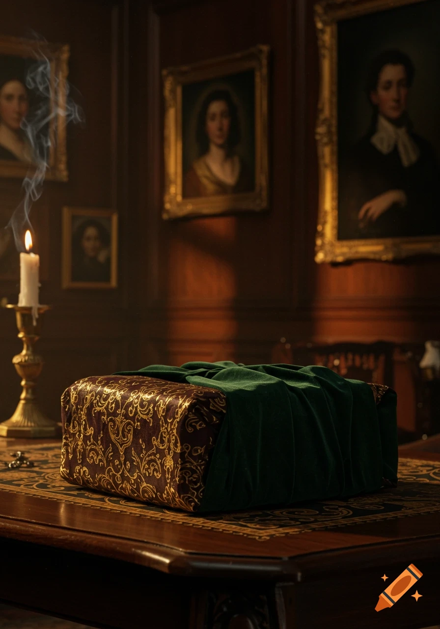 An ornate gold and burgundy package with green cloth on a dark wooden table. A lit candle and blurred vintage portraits are in a dimly lit room.