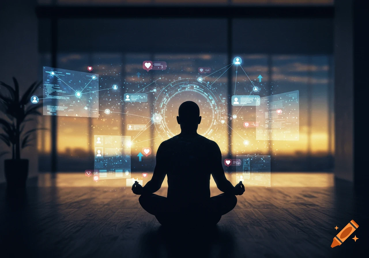 Silhouette meditating in a room with sunset view, surrounded by floating holographic screens displaying digital data and social media icons.