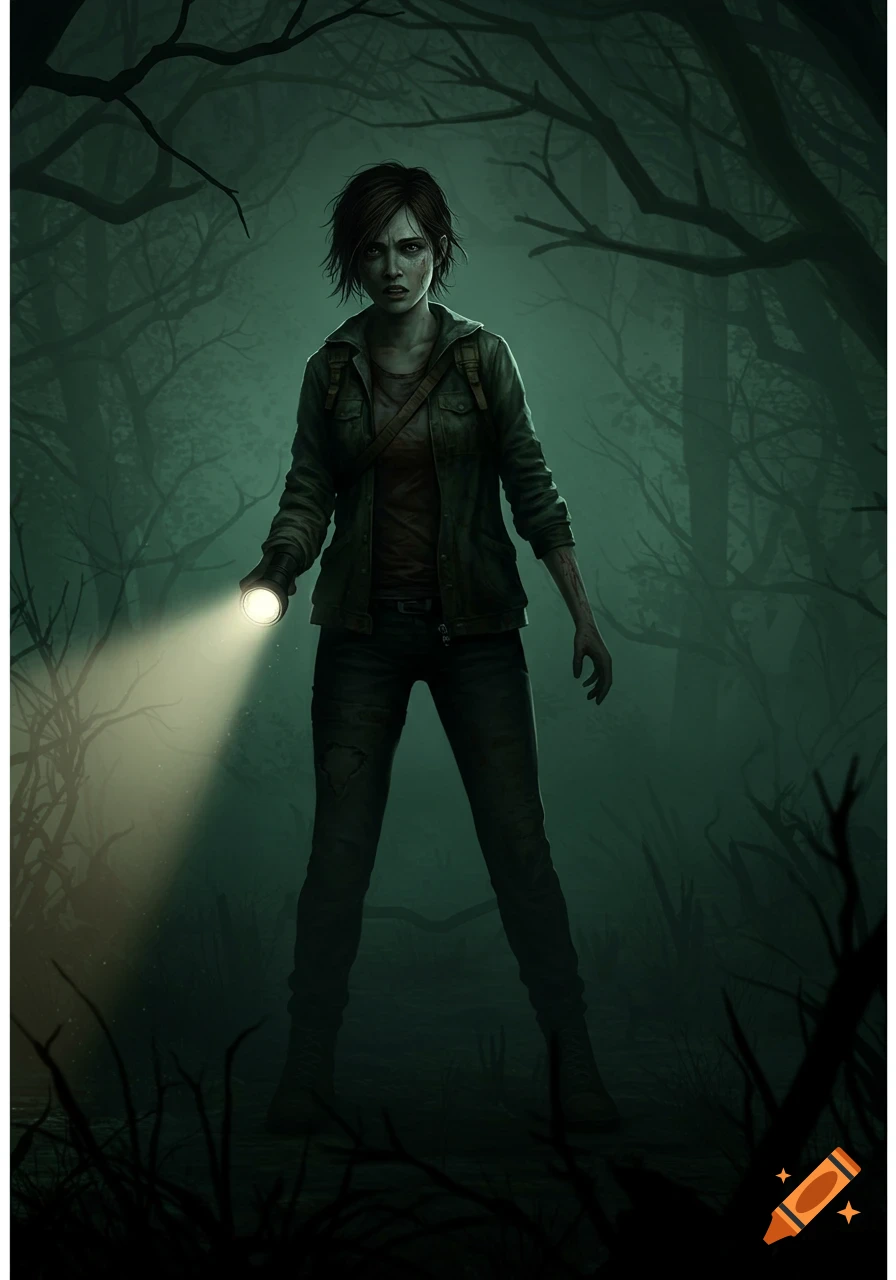 A female character with short hair in a dark, misty forest holds a flashlight, looking fearful in a horror game art style.