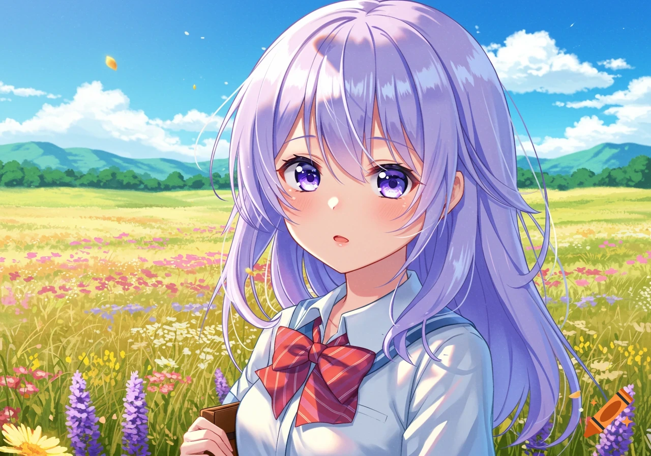 An anime girl with light purple hair and purple eyes wearing a pink ...