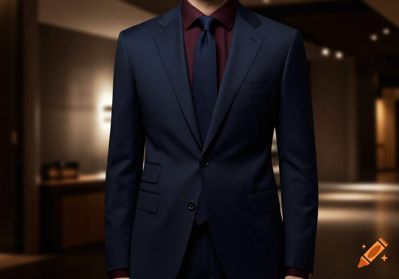 A photorealistic image of a person wearing a navy blue suit, a burgundy button-down shirt, and a navy blue tie, against a blurred, dimly lit interior background.