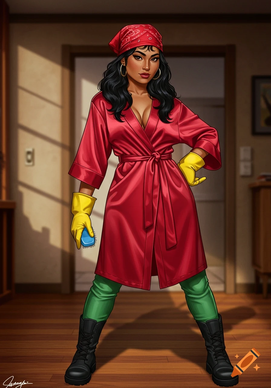 A stylized illustration of a Hispanic Latin woman wearing a red satin robe, green yoga pants, yellow cleaning gloves, and black boots, holding a blue scrub brush.
