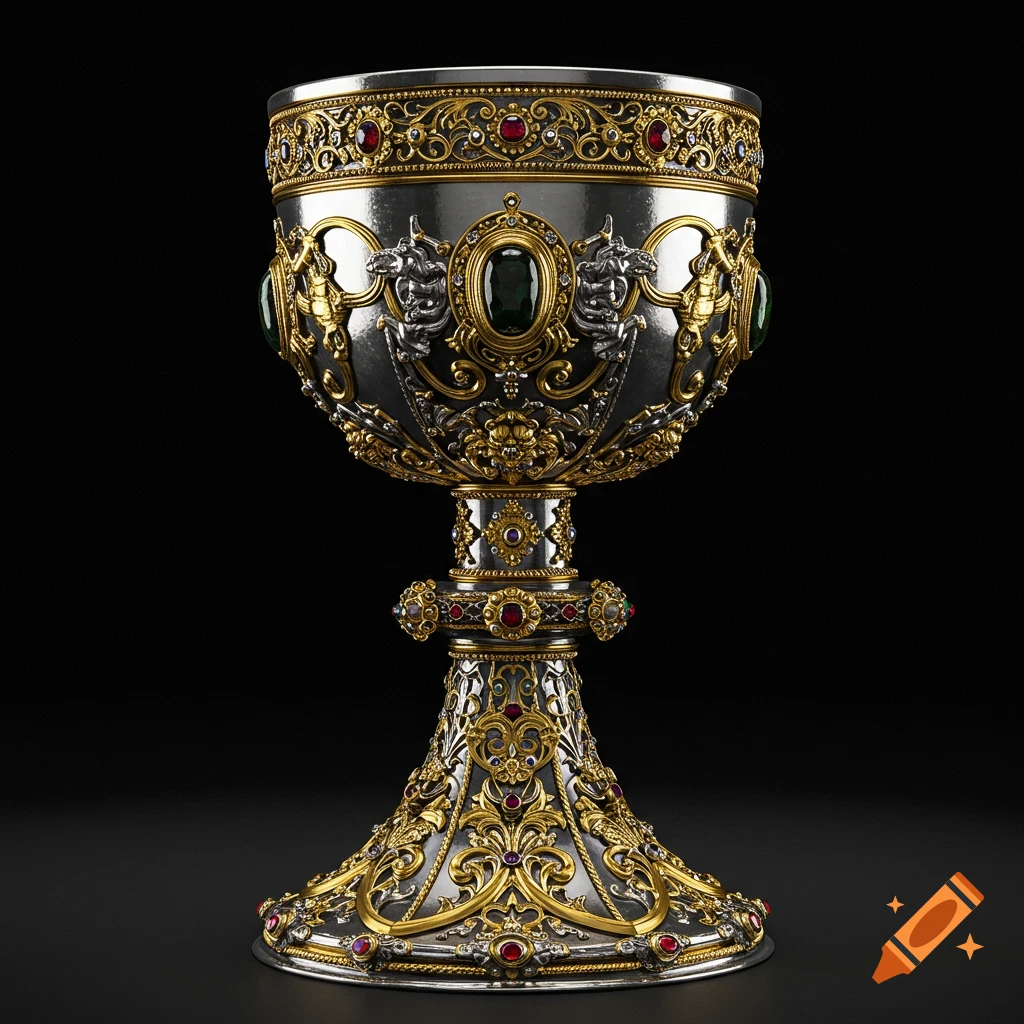 A highly detailed ornate silver and gold chalice adorned with gemstones, set against a dark background.