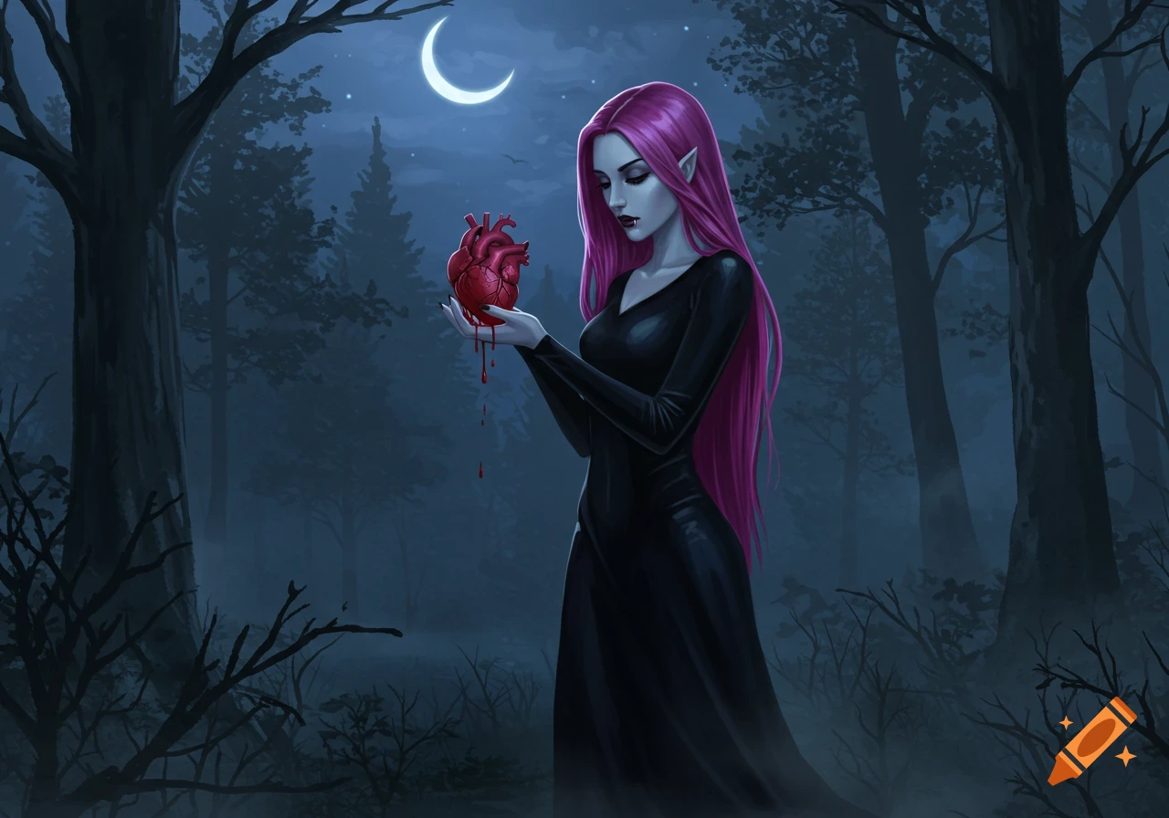 Illustrated gothic fantasy of a pink-haired vampire woman holding a bleeding heart in a dark forest under a crescent moon.