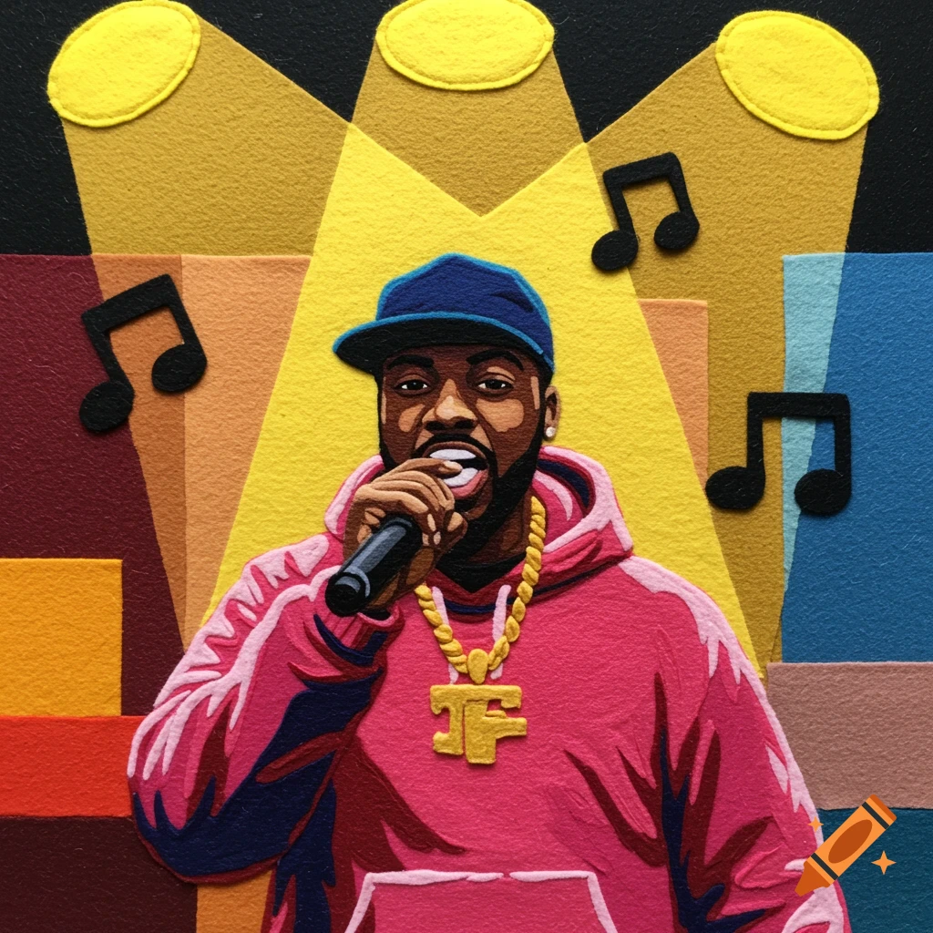 A felt art portrait of a rapper in a pink hoodie and blue cap, holding a microphone under stage lights with musical notes floating around.