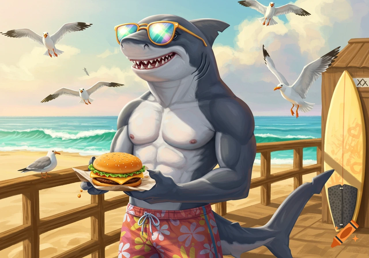 A muscular humanoid shark in swim shorts and sunglasses holds a burger on a sunny beach, with seagulls flying above.
