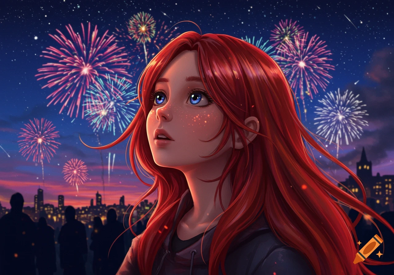 An anime-style girl with long red hair and blue eyes looks up at colorful fireworks over a city skyline at night.