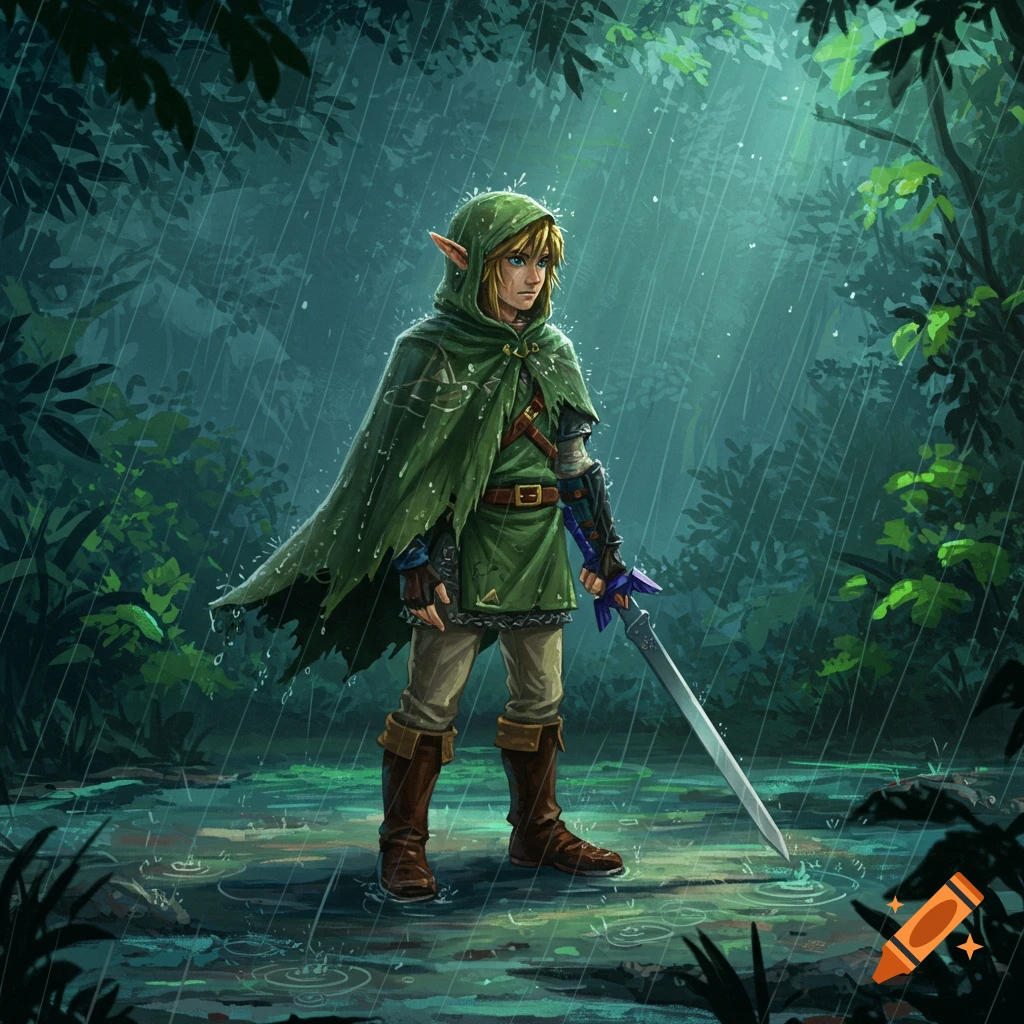 Link, a blond elf-like character in a green hooded cloak, stands in a dark, rainy forest with his sword.