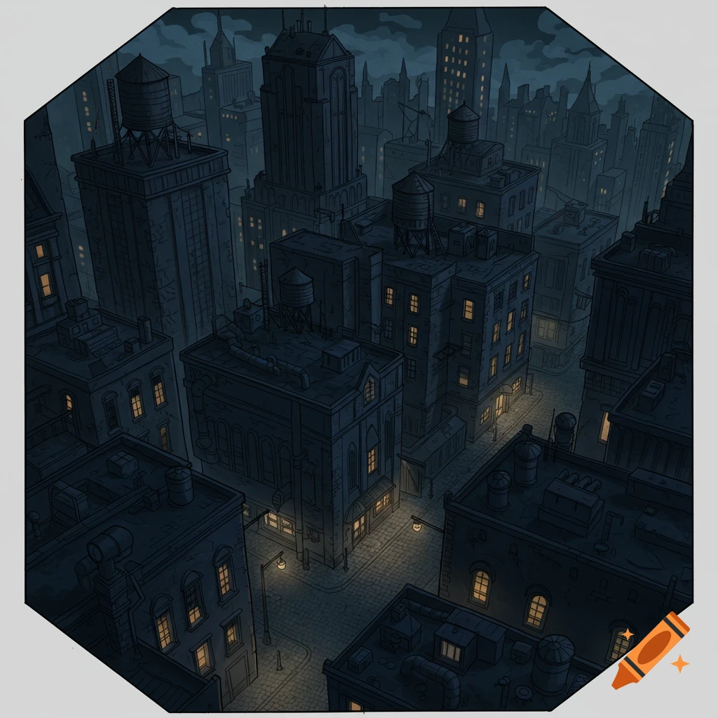 Top-down cartoon view of a dark, moody city at night with tall buildings and glowing windows.