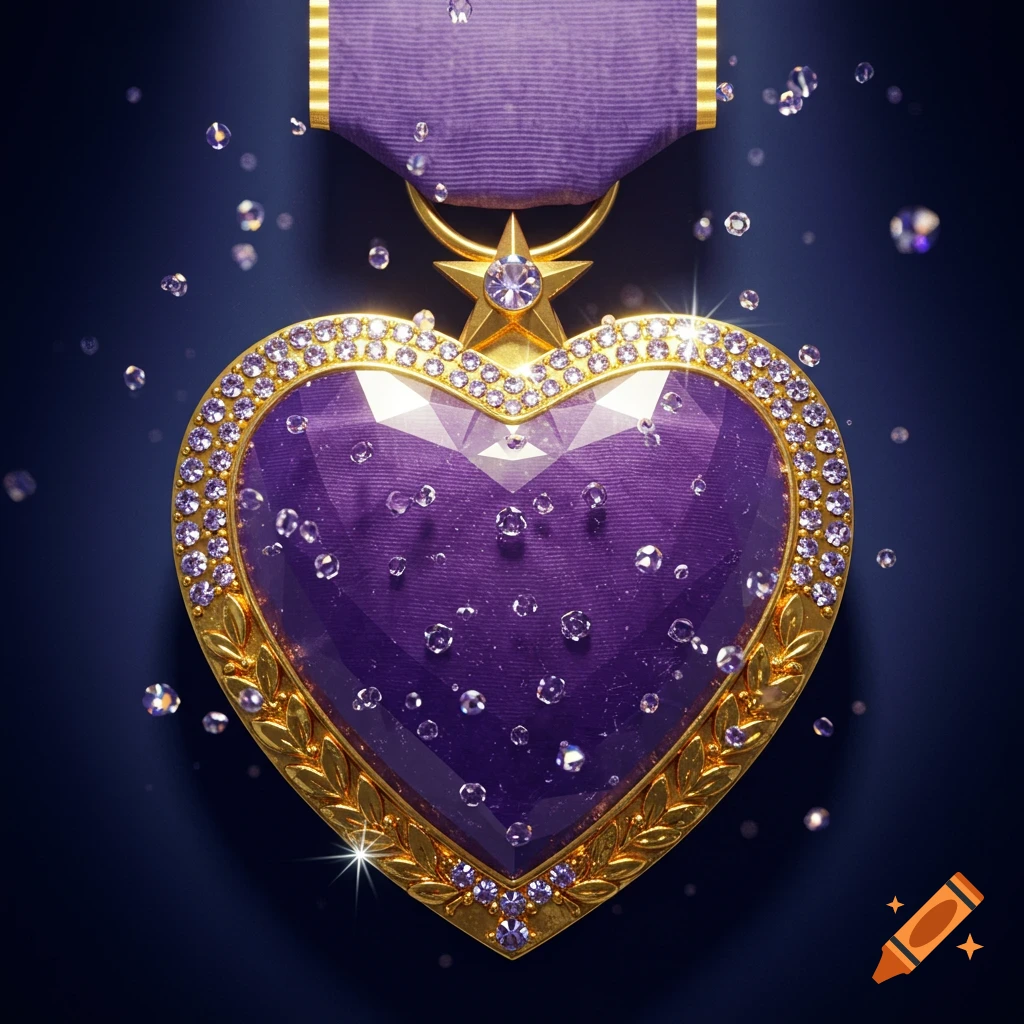 A purple heart-shaped medal adorned with gold and numerous clear and purple crystals, set against a dark background.