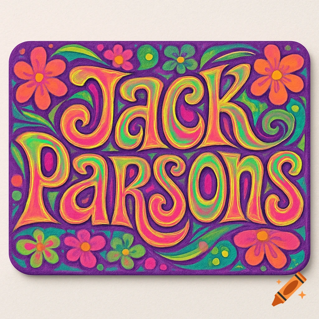 The name 'Jack Parsons' rendered in vibrant, curvy psychedelic Art Nouveau letters, surrounded by colorful flowers and swirls on a deep purple background.