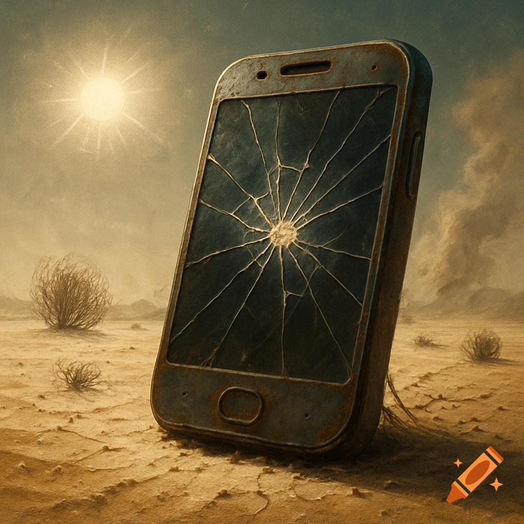 A broken, old smartphone with a shattered screen stands upright in a dry, sandy desert under a bright sun. Tumbleweeds are in the background.