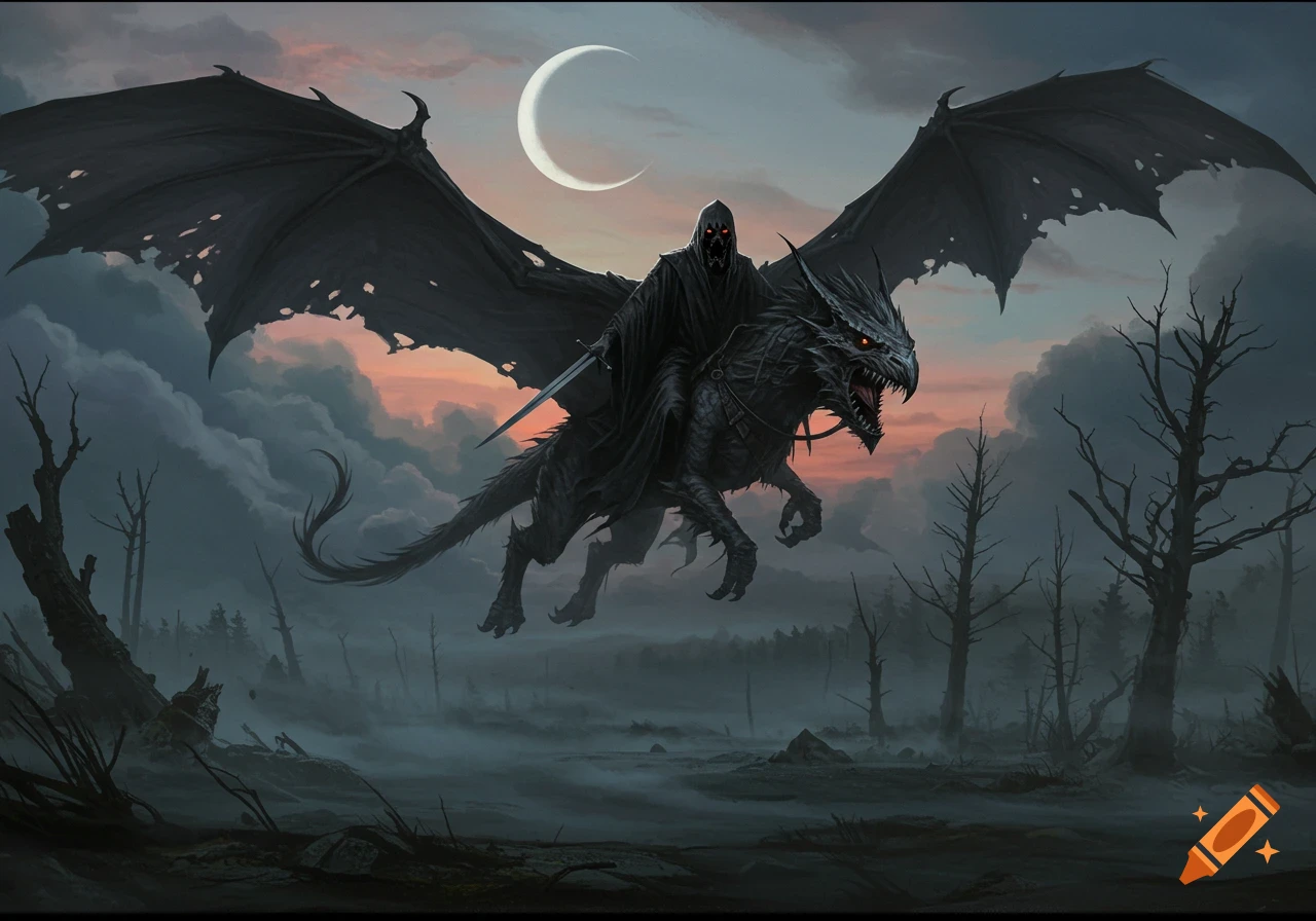 A dark hooded figure with glowing red eyes rides a large black winged creature through a misty, desolate landscape under a crescent moon.