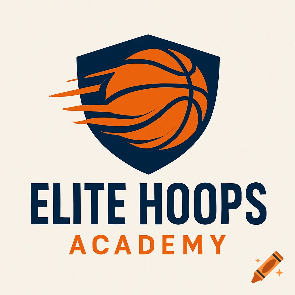 A blue shield logo with a speeding orange basketball, text 'ELITE HOOPS ACADEMY'.