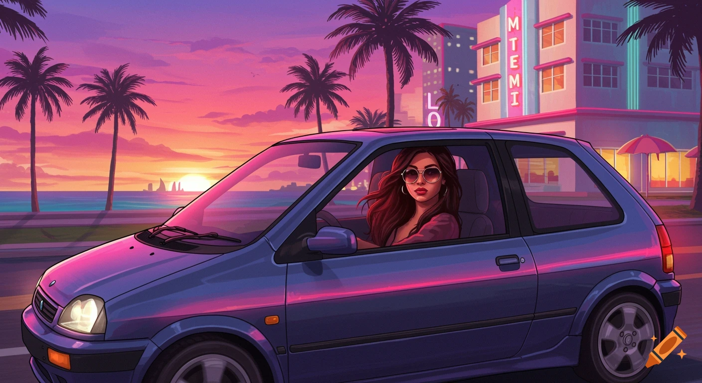 Stylized image of a woman driving a blue compact car along Miami Beach at sunset, with palm trees and a pink building.