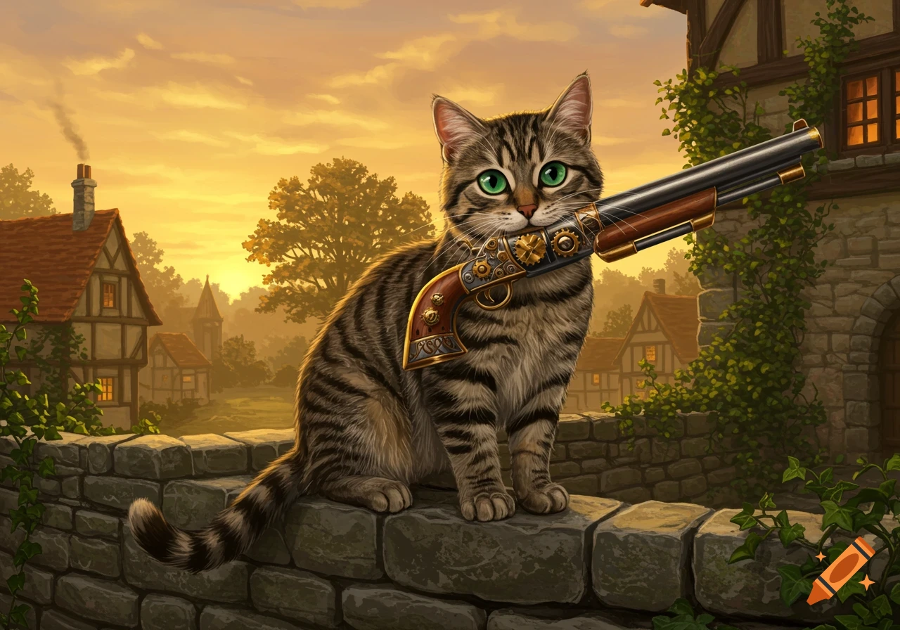 A digital painting of a tabby cat with green eyes sitting on a stone wall, holding a steampunk-style shotgun in its mouth, with a village and sunset in the background.