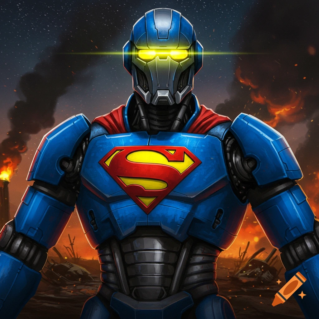 A blue and red war droid with glowing yellow eyes and a Superman symbol on its chest stands amidst a fiery, destroyed cityscape at night.