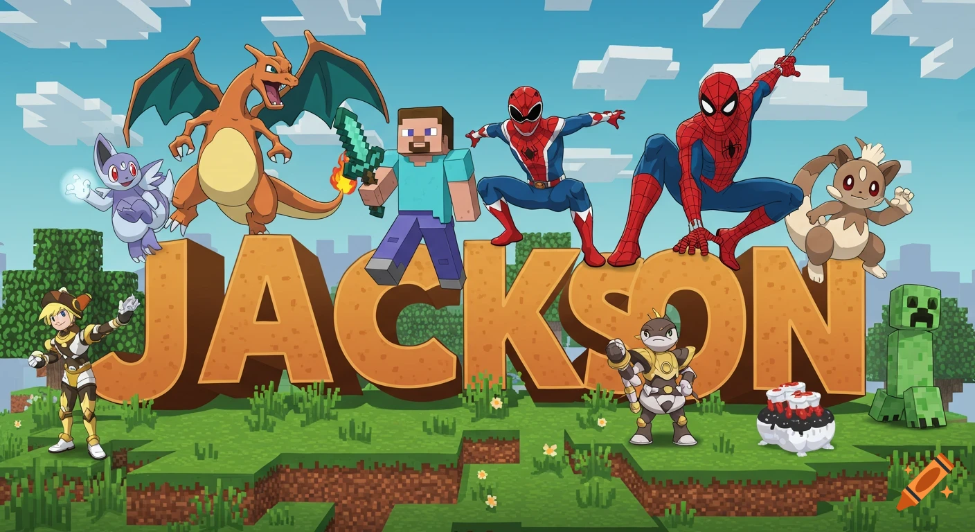 Minecraft Steve, Charizard, two Spider-Man variations, and other cartoon characters stand on large block letters spelling JACKSON in a Minecraft-style landscape.