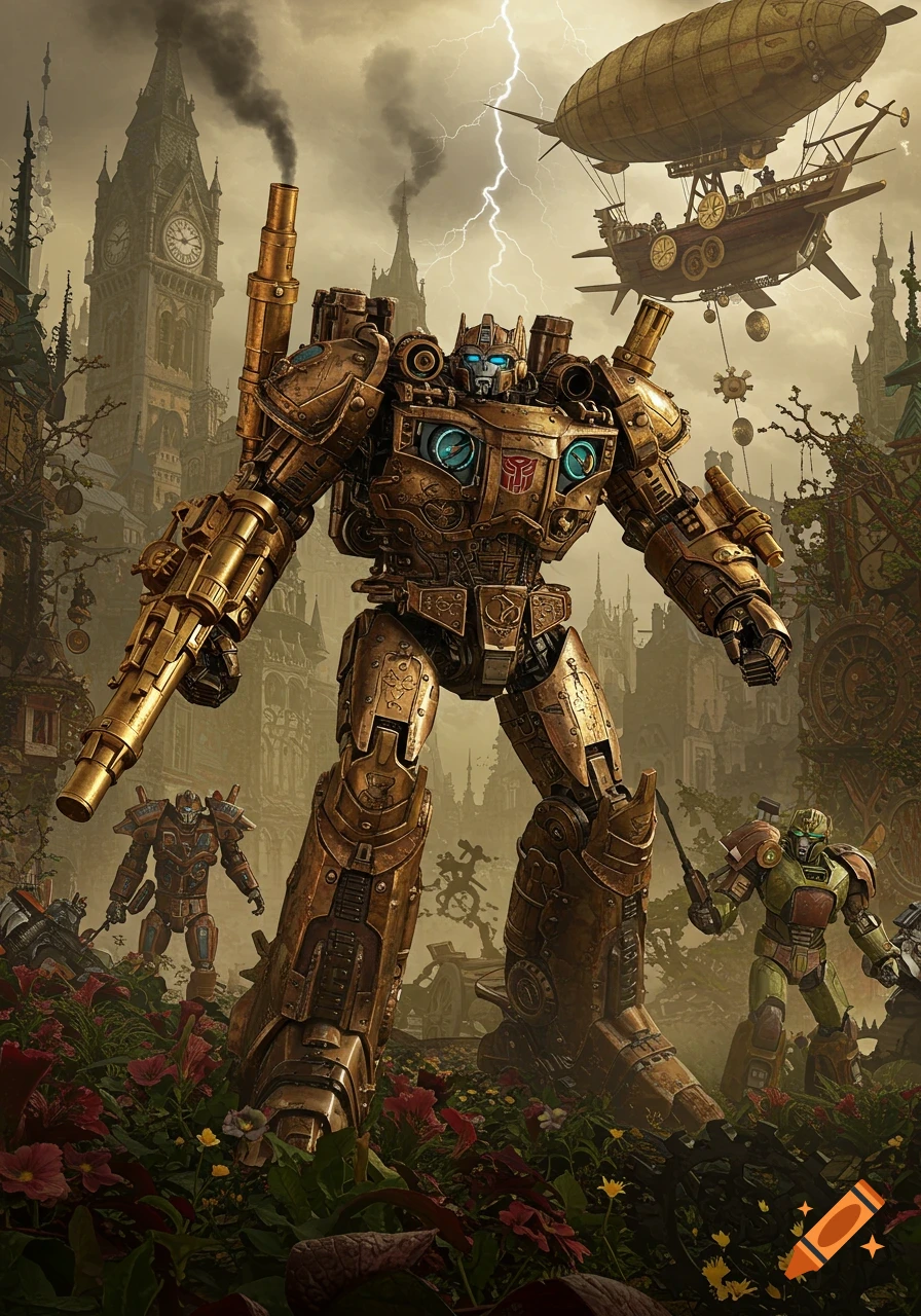 Steampunk Transformers-like robots battle in a Victorian city under a stormy sky, with a large dirigible overhead.