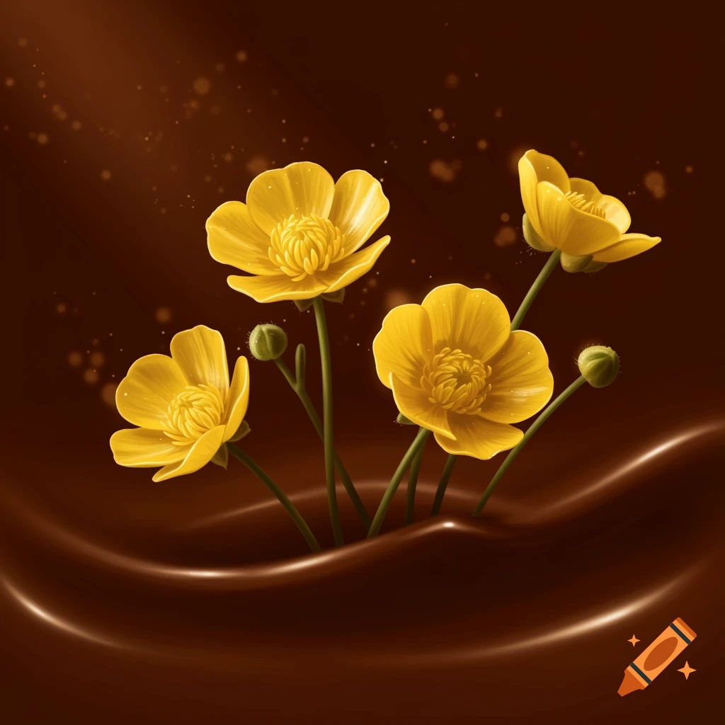 Yellow buttercup flowers emerge from a swirl of rich brown chocolate, with glowing particles in the dark background.