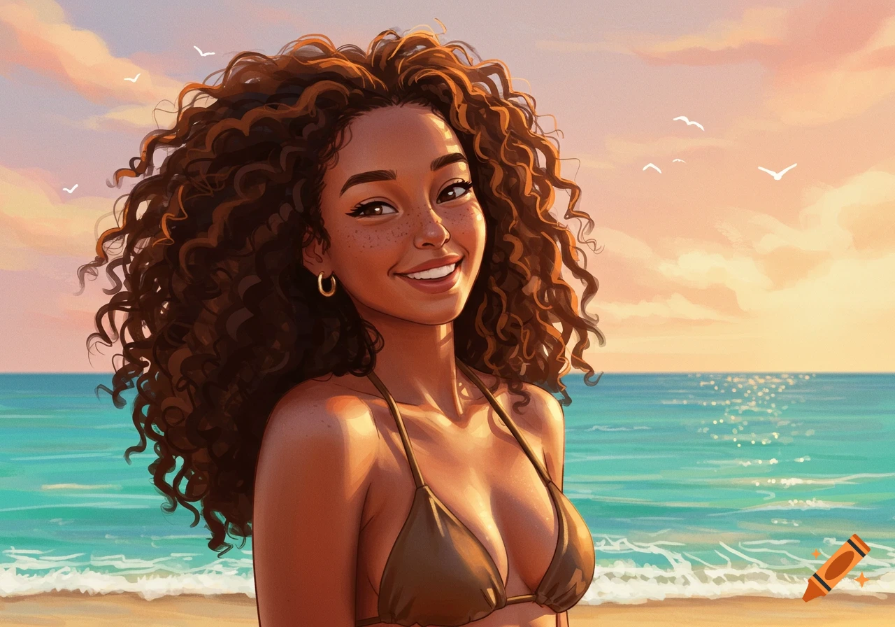 Illustrated smiling woman with curly hair in a brown bikini on a beach at sunset.