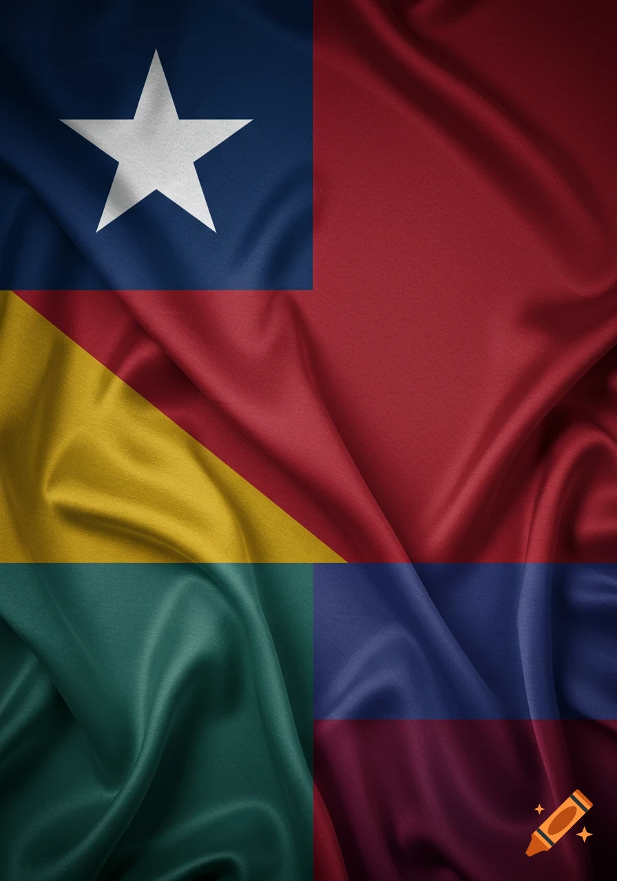 A flag with a large white star on a dark blue field, dark red, mustard yellow, green, and blue-purple sections.