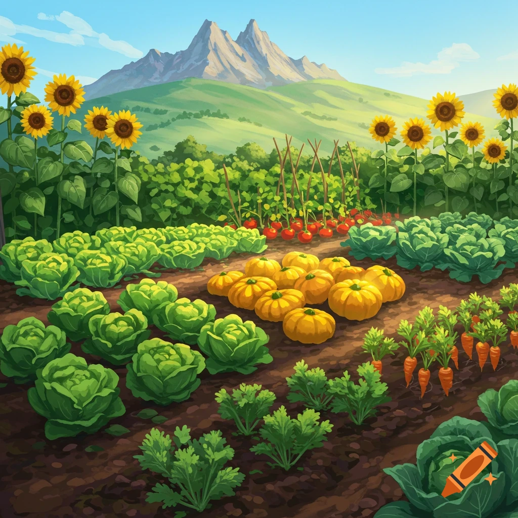 An illustrated vegetable garden with rows of cabbage, pumpkins, carrots, and tomatoes, under tall sunflowers, with mountains in the background.
