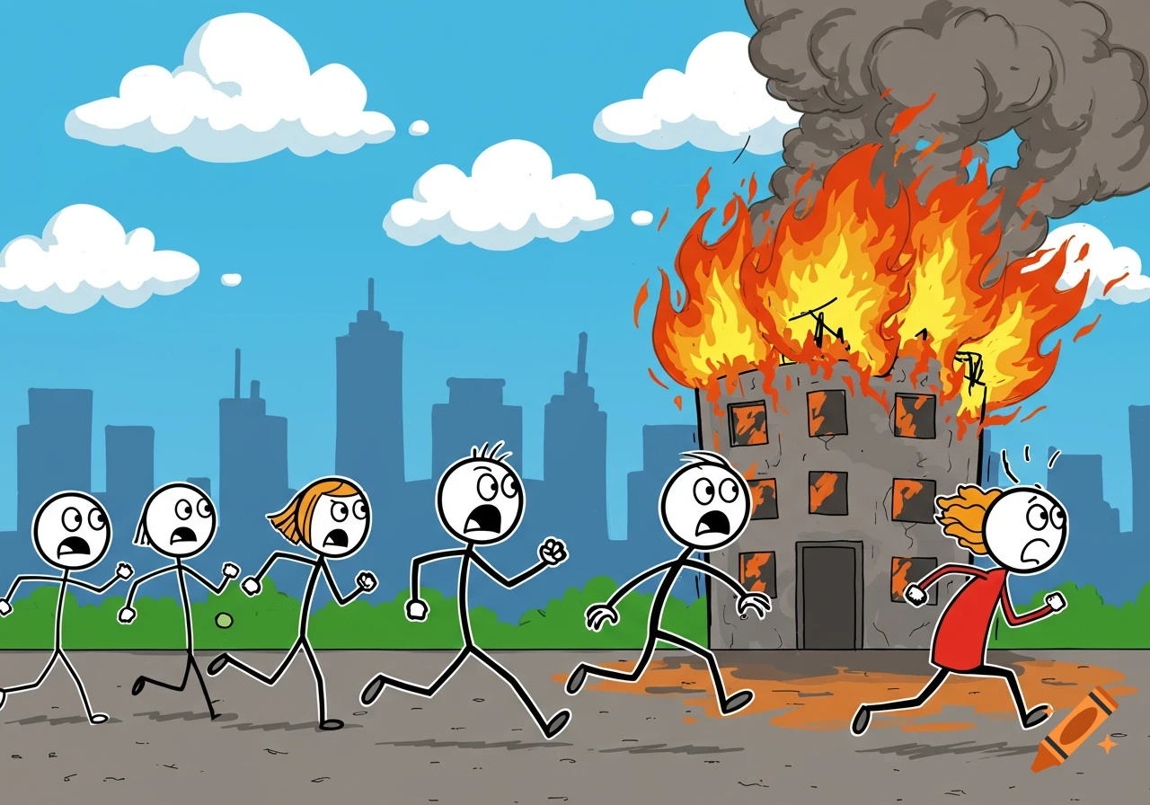 Cartoon illustration of stick figures running in fear from a large building fire in a city.