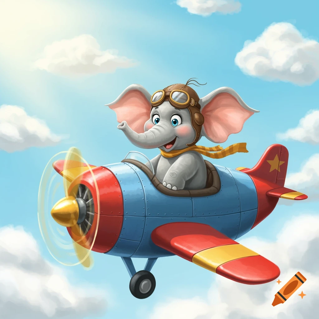 A cute cartoon elephant wearing a pilot's hat and goggles flies a red and blue biplane through a sunny, cloudy sky.