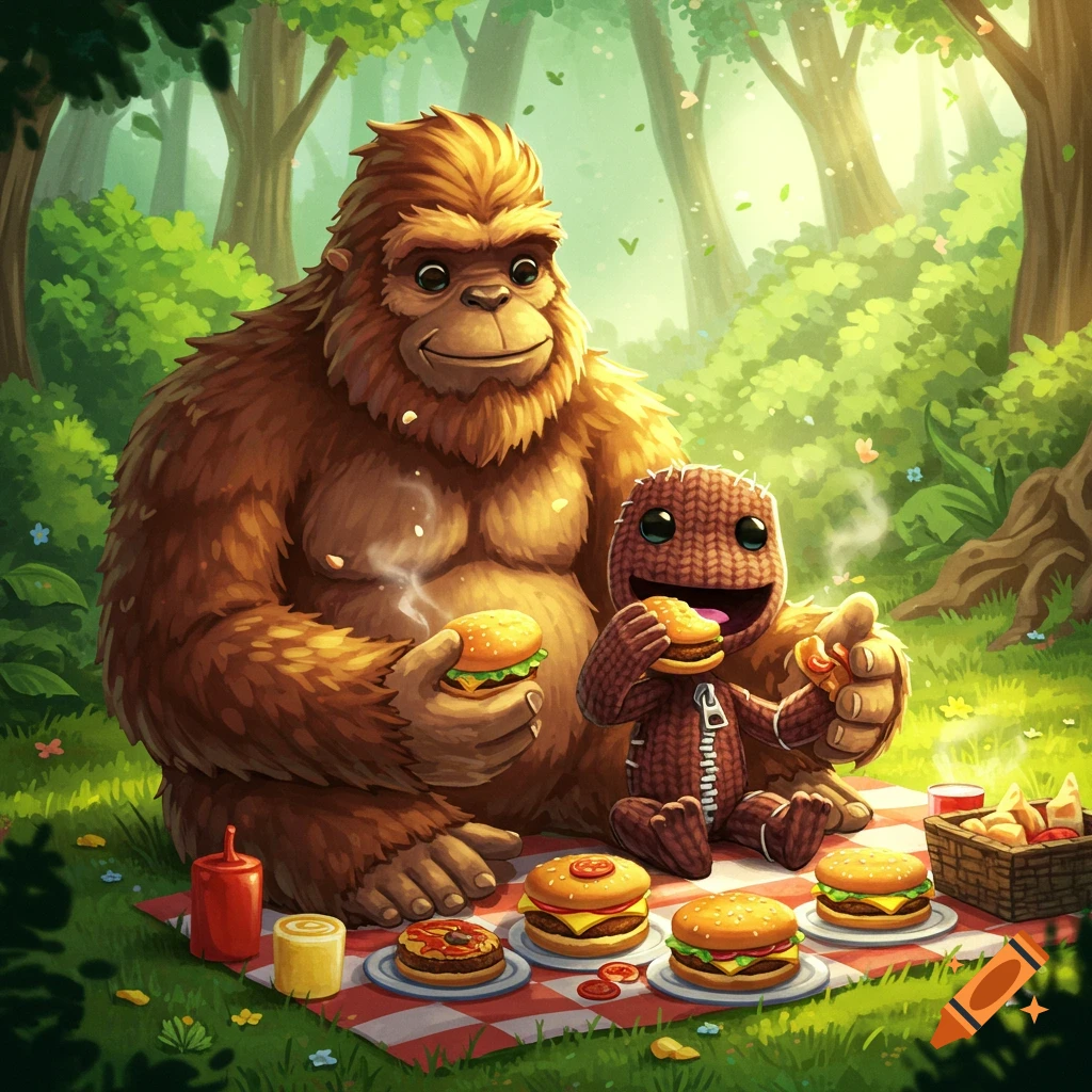 A cartoon Sasquatch and Sackboy enjoying a burger picnic in a lush green forest.