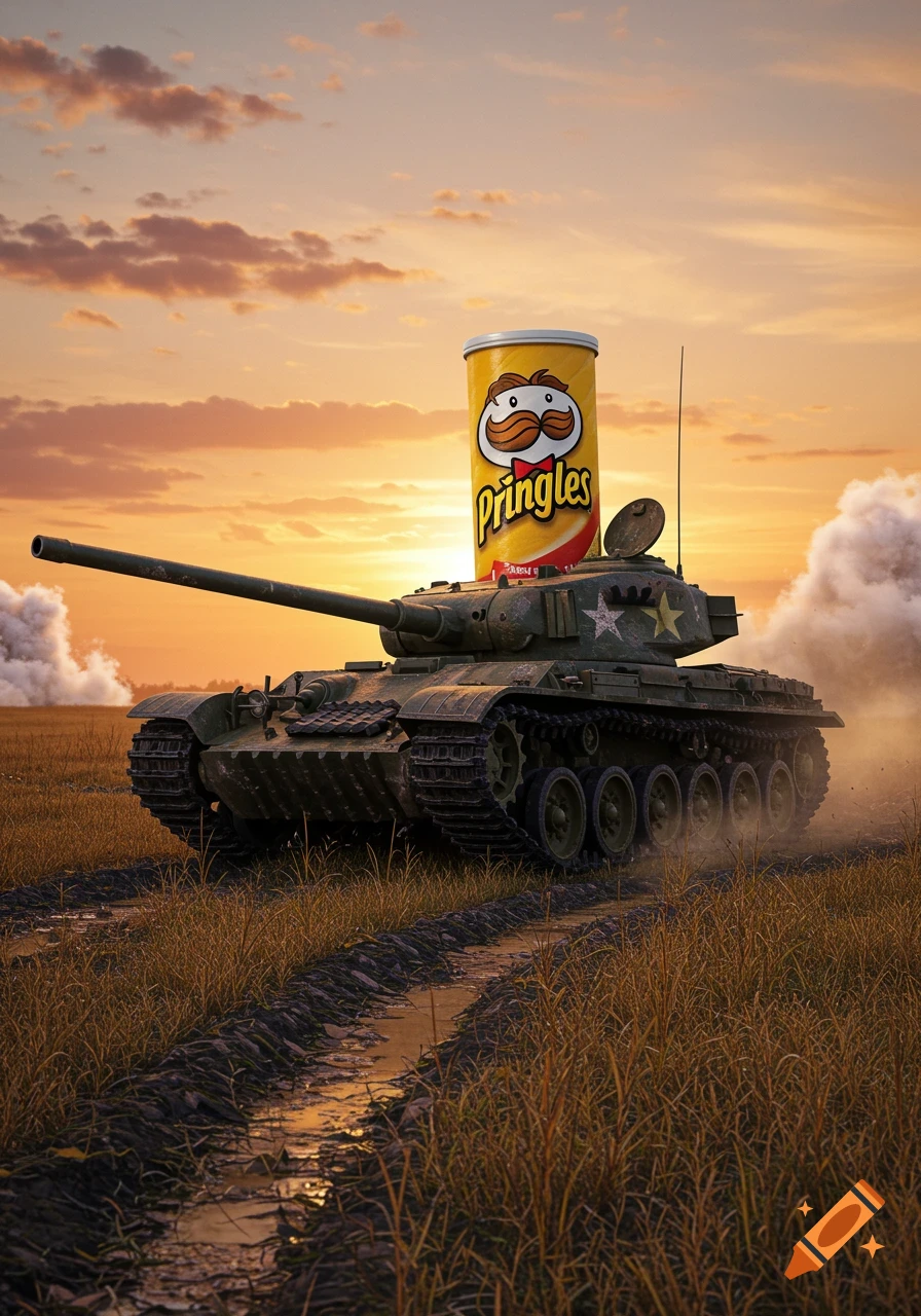 Photorealistic military tank with a Pringles can turret drives through a field at sunset.