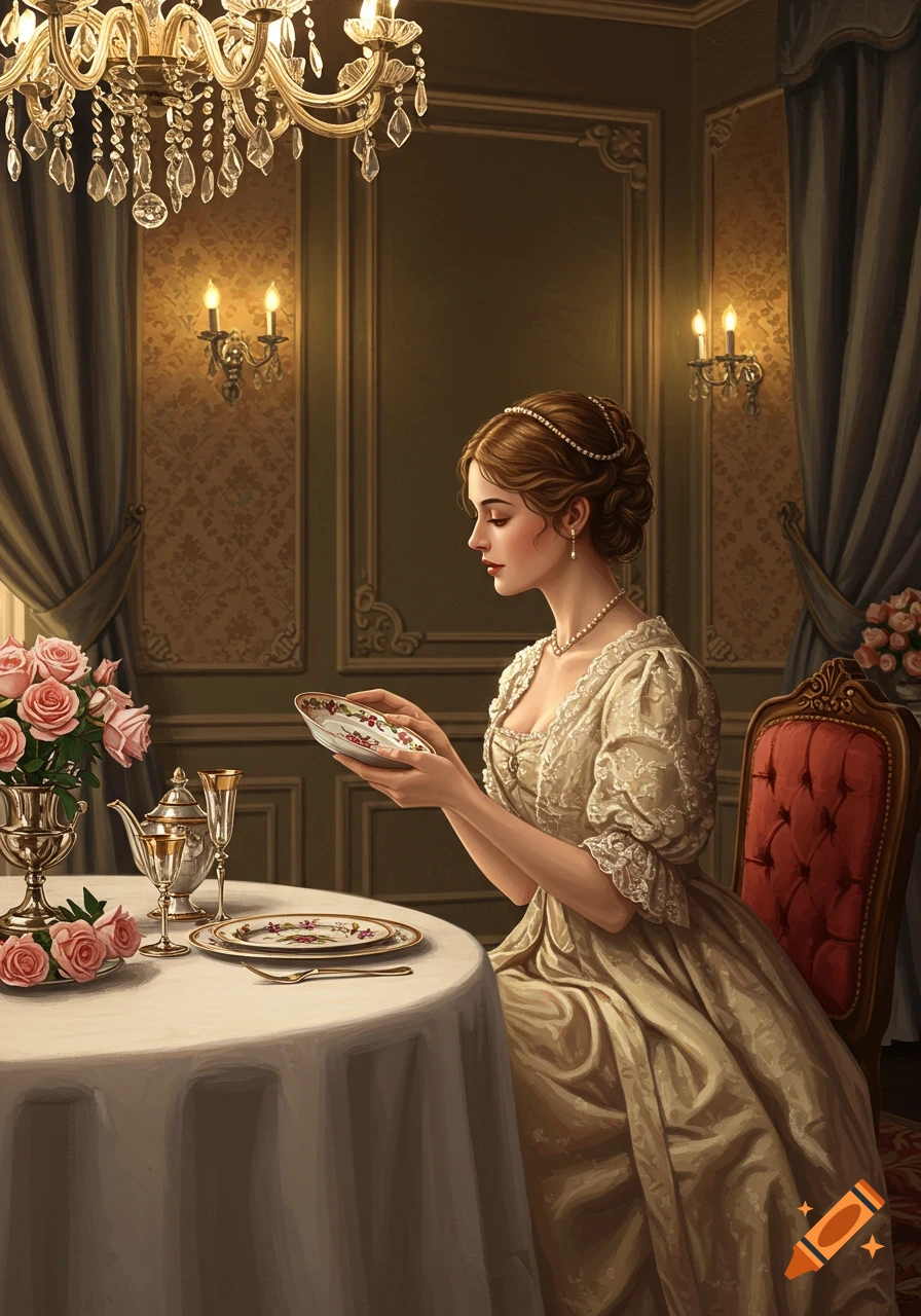 A Victorian woman in an elegant room, seated at a table with roses, holding a decorative dish.