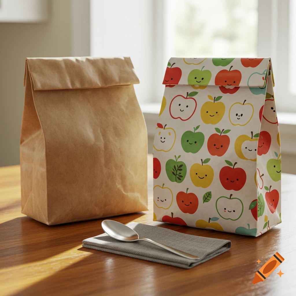Two lunch bags, one plain brown and one with a colorful apple pattern, sit on a wooden table next to a spoon and napkin.