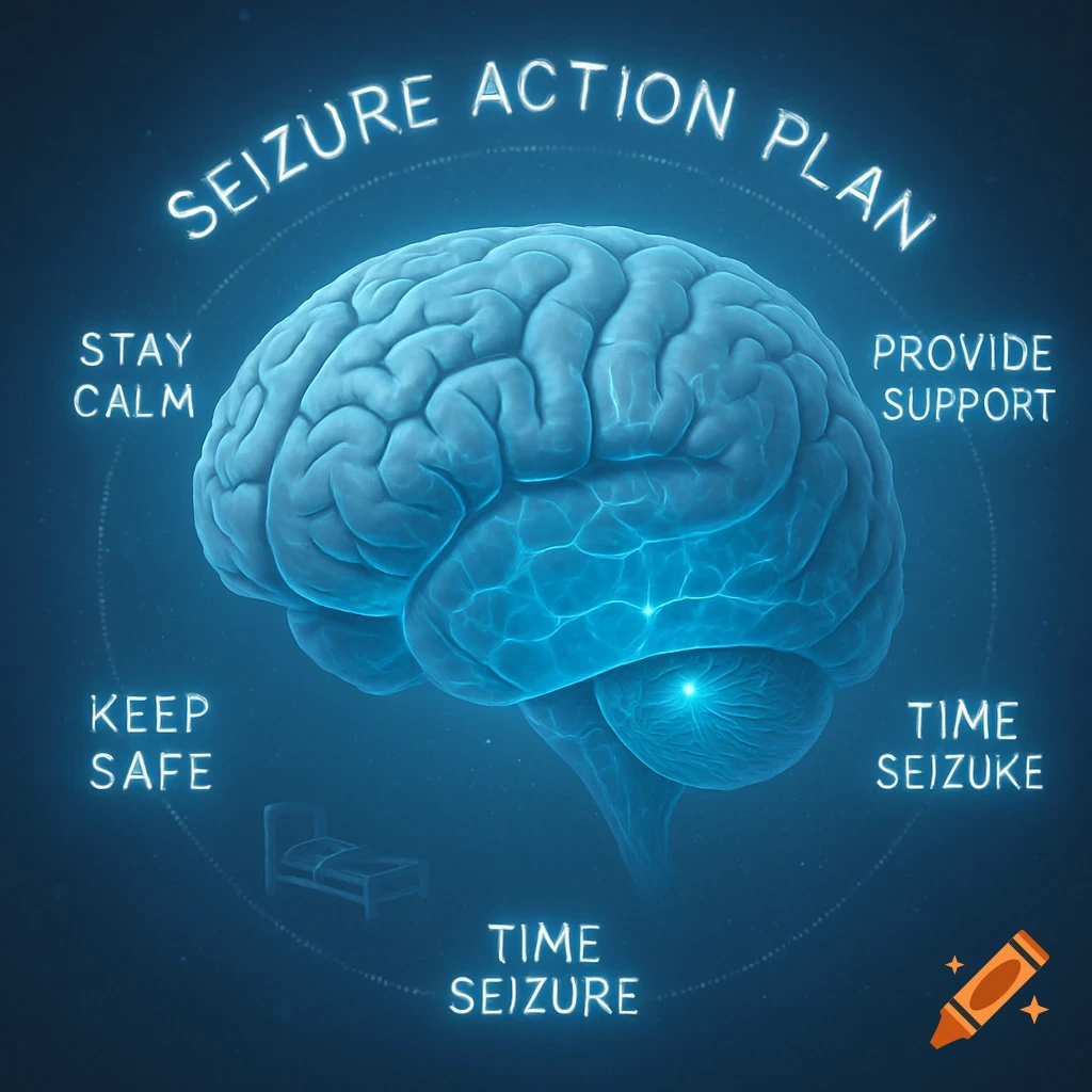 A glowing blue human brain illustration with a circular diagram around it. Text reads 'SEIZURE ACTION PLAN' at the top, and 'STAY CALM', 'PROVIDE SUPPORT', 'KEEP SAFE', 'TIME SEIZURE', and 'TIME SEI)ZURE' around the circle. A small bed icon is visible near 'KEEP SAFE'.