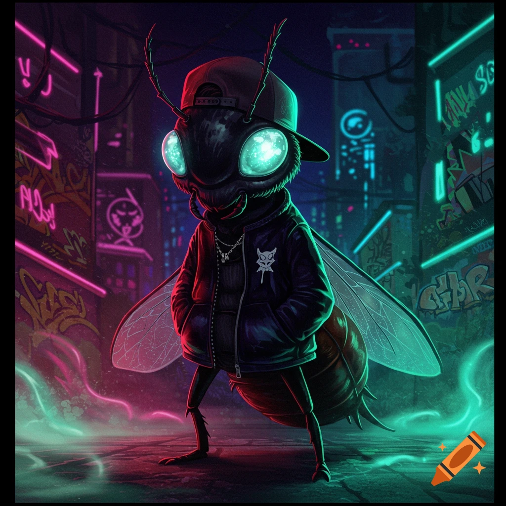 A stylized insect-like creature wearing a baseball cap and jacket stands in a neon-lit, graffiti-covered cyberpunk city alley.