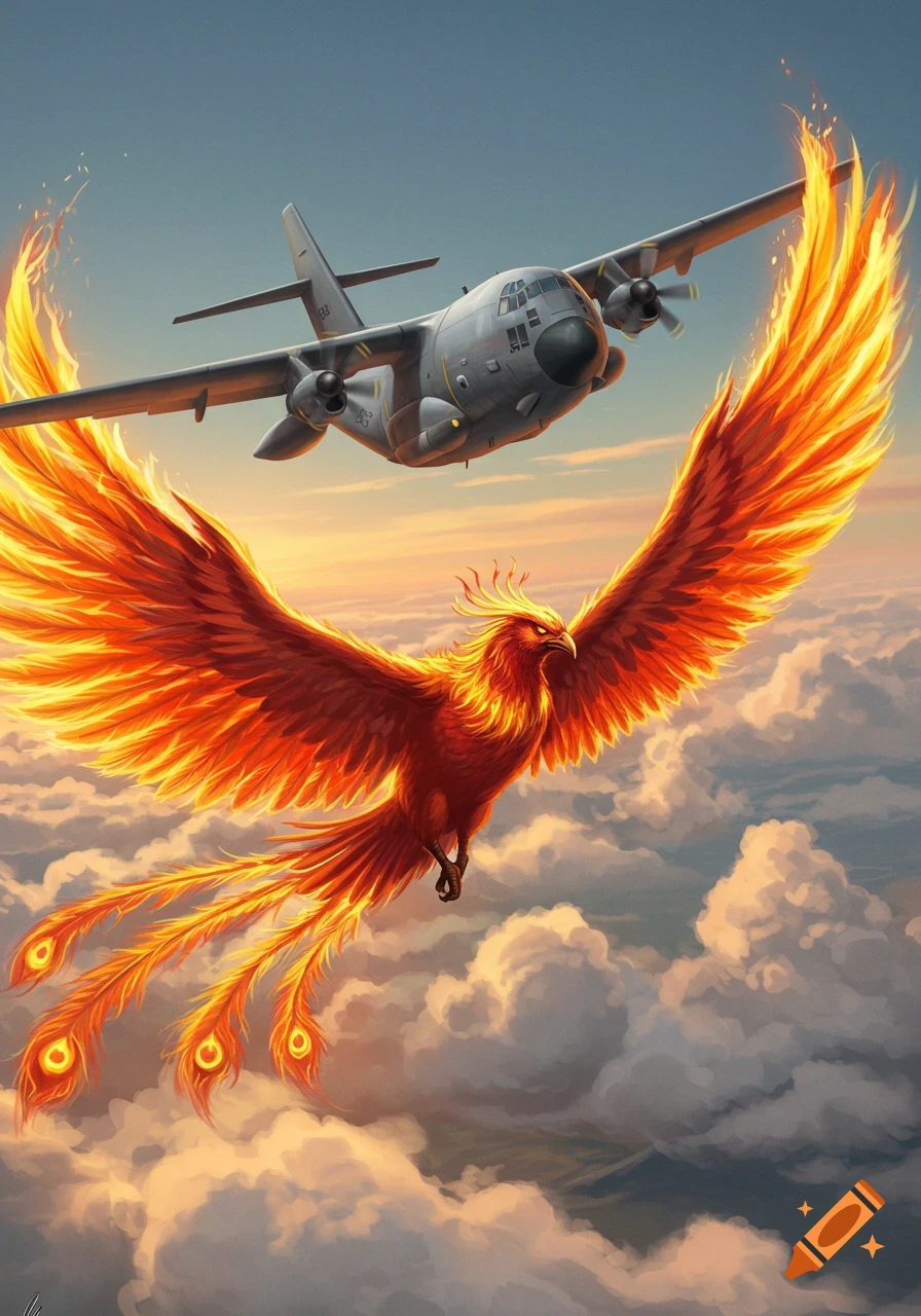 A vibrant, flaming phoenix with outstretched wings flies below a grey C-130 plane over clouds at sunset, illustrated.