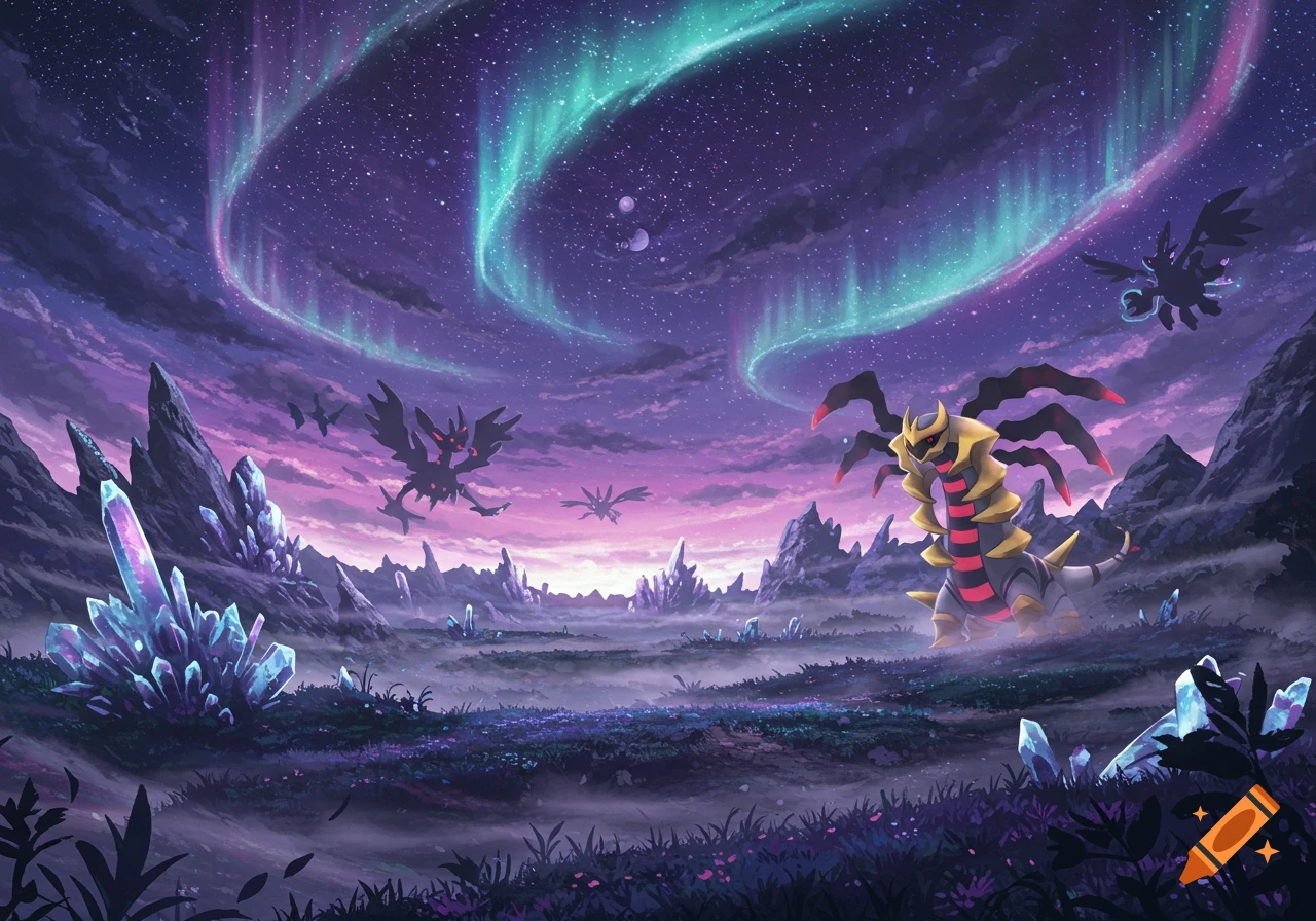 A vibrant fantasy landscape with a large Giratina, shadowy flying creatures, glowing crystals, and a purple and blue aurora in a starry night sky.